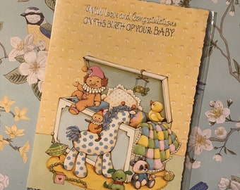 RARA cartolina vintage degli anni '80 circa 'Con amore e congratulazioni per la nascita del tuo bambino' - Design super carino di giocattoli e scatole di giocattoli - Amanti vintage