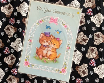 Vintage/Retro Circa 1980s 'On Your Anniversary' Card - Large Card with ADORABLE Pair of Cats & Bluebirds Design - Sweet Greeting -Cat Lovers