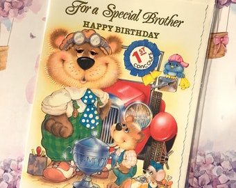 RARE Vintage Circa 1970s 'For a Special Brother Happy Birthday' - Super Cute Retro Design of a Bear Racing Driver and His Team! -Sweet Verse