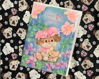RARE Large Vintage/Retro Circa 1980s 'Happy 18th Birthday' Card with ADORABLE Dog, Mouse & Floral Design with a hint of glitter - Nostalgic