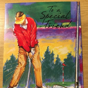 Cartão de aniversário vintage/retro da década de 1990 'Para um amigo especial' com design de jogador de golfe - Cartão nostálgico - Cartão de amante de golfe - Verso adorável