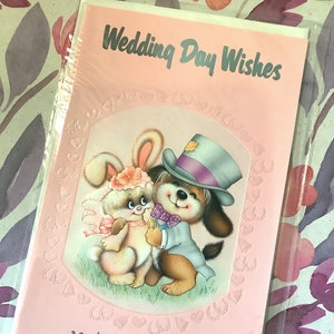SELTENE Vintage/Retro circa 1970er Jahre 'Wedding Day Wishes' Karte - Süßes Kaninchen & Hund Paar Design -Vintage/Retro Loving Paar Karte - Sweet Vers
