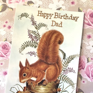 RARE & FABULOUS Vintage 1970er Jahre Geburtstagskarte 'Happy Birthday Dad' Eichhörnchen im Wald Design Sentimental Vers Nature Loving Dad