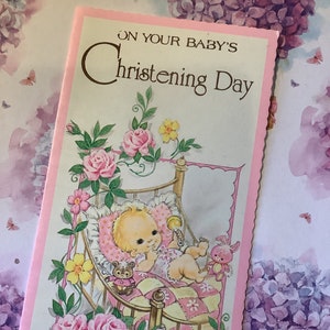 RARE vintage Circa 1960s 'On Your Baby's Christening Day' Card Super Cute Baby Girl Design -Sweet Verse - vintage Lovers Card -Léger dommage
