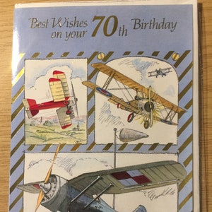 RARE carte vintage des années 1980 « Meilleurs voeux pour votre 70e anniversaire » avec un design avion vintage FABULEUX - carte ami aimant l'avion