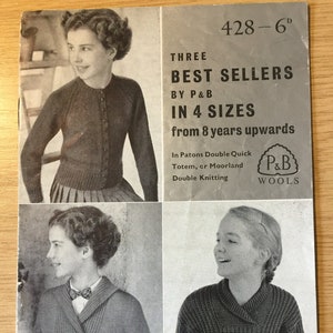 RARE Vintage Original Circa 1950s P & B Wools 'Three Best Sellers Children's' Collectable Knitting Pattern No 428 In 4 sizes 8 years Upwards
