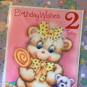 RARO Grande Vintage/Retro Circa 1980s ADORÁVEL Cartão 'Desejos de Aniversário para Hoje' - Design Fofo, Kitsch de Urso e Ursinho de Pelúcia - Cartão de Adereço de Cinema/Teatro