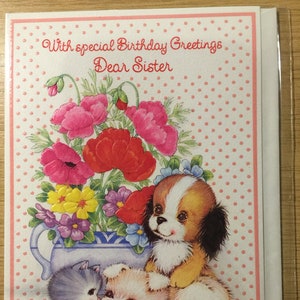 RARE Circa 1980s Vintage 'With Special Birthday Greetings Dear Sister' Card with Cute Dog & Cat Design - Vintage/Cat/Dog Loving Sister Card
