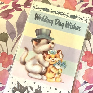 RARO biglietto d'auguri per il giorno delle nozze vintage/retrò anni '70 circa - Design carino e kitsch con coppia di gatti - Biglietto d'auguri vintage/retrò/amante dei gatti - Versetto dolce