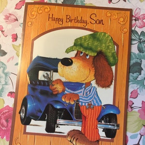Cartão Vintage/Retro EXTREMAMENTE RARO por volta dos anos 1970 'Feliz Aniversário, Filho' - Diversão, Design de Cão Mecânico de Carro Retro - Carro/Cão Filho amoroso - Cartão nostálgico