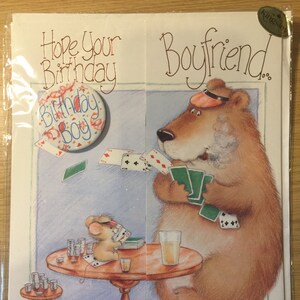 RARO grande vero vintage circa anni '90 biglietto di auguri per il compleanno del fidanzato - simpatico/retrò orso e topo che giocano a poker - biglietto di auguri per il fidanzato fan del poker
