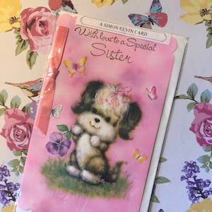 Cartão de aniversário raro, vintage, da década de 1980, "Com amor para uma irmã especial", sem uso, com laço e design fofo de cachorro - Verso doce - Irmã retrô/que ama cachorros