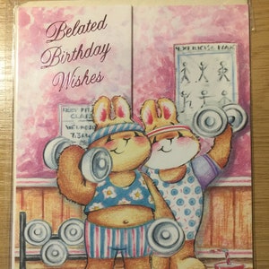 Vintage / Retro Circa 1990s 'Late Verjaardag Wensen' Kaart - Cute Rabbit Design - Fun Card -Gym Bunny Friend -Rabbit Lover-Late Birthday Card