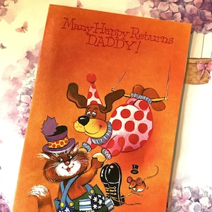 Cartão de aniversário vintage retrô raro da década de 1960 "Muitas felicidades, papai!", 4 vezes maior, com design fofo de circo para gatos e cachorros, por John Patience - Circus Fan