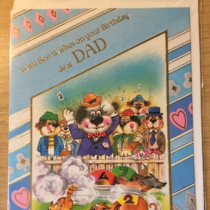 FABULOSA tarjeta vintage de alrededor de la década de 1970 'Con los mejores deseos en tu cumpleaños, querido papá' - Diseño de perros divertidos en las carreras de galgos - Papá amante retro