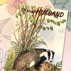 RARE vintage des années 1970 « à mon mari » superbe carte d'anniversaire design blaireau et forêt - vers sentimental - blaireau/mari aimant la nature