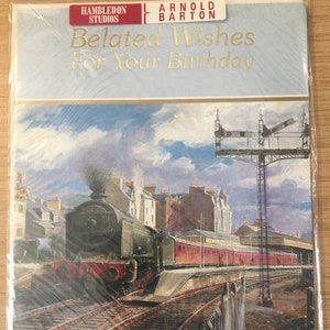 Cartão FABULOSO Raro Vintage/Retro dos anos 80 com design de trem a vapor 'Desejos tardios para seu aniversário' - Ventilador de trem a vapor - Amante de trem - Cartão nostálgico