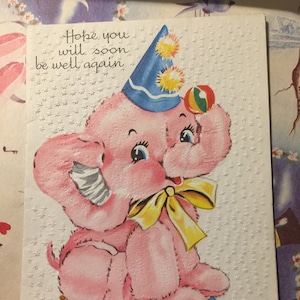 Extremely Rare Vintage Circa 1950s Unwritten &#39;Hope you will soon be well again&#39; Card With Cute Elephant Design Nostalgia/Elephant Lover Card