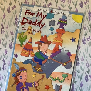 RARA cartolina vintage/retrò degli anni '90 circa, mai usata, "Per mio papà per la festa del papà" - Grazioso design a tema cowboy - Versetto dolce - Papà amante dei cowboy