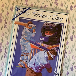 Biglietto d'auguri vintage/retrò, inutilizzato, circa anni '80, "Per la festa del papà" - Tema sportivo - Design con cricket, golf e corse automobilistiche - Fab Verse - Papà amante dello sport
