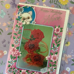 RARE & Fabulous Vintage Circa 1980s 'Happy Birthday Niece' Card - Retro Red Rose Photo e Cute Cat Design -Sweet Verse - Cat Loving Niece