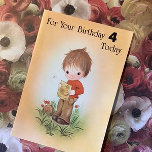 RARE True Vintage/Retro Circa 1970 'For Your Birthday 4 Today' Adorable Card con Cute Red Haired Child Design - Sweet Verse - Nostalgia