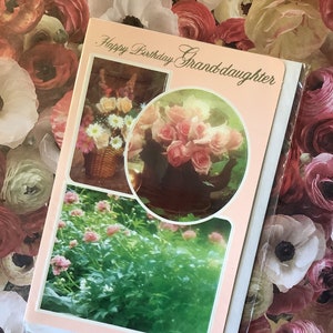 RARE Vintage Circa 1970s &#39;Happy Birthday Granddaughter&#39; Card - Retro Pink Floral Themed Photo Card -Sweet Verse -Nostalgic, Traditional Card