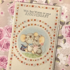 ZELDZAME vintage/retro-kaart circa jaren 1970 ongebruikt 'Met de beste wensen voor je verjaardag' met schattig muispaarontwerp - Retro kaart liefdevol stel