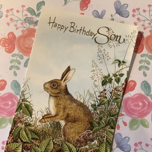 SELTENE Vintage 1970er Jahre 'Happy Birthday Son' Atemberaubende Hase und Wald Design Karte - Sentimental Verse -Nature/Hare Loving Son - Nostalgic Card