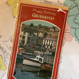 EXTRÊMEMENT RARE Années 1960 Carte 'Joyeux anniversaire grand-père' avec SUPERBE photo de bateaux dans un port - Carte nostalgique avec vers sentimentaux