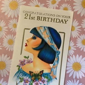 Cartão vintage raro da década de 1980 "Parabéns pelo seu 21º aniversário" com linda moça, borboleta e design floral - Cartão para amantes da moda retrô