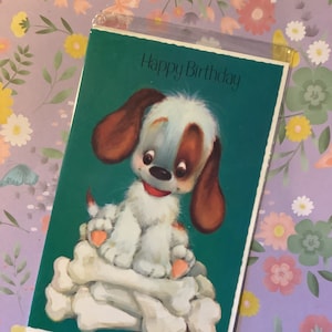 Cartão RARO Vintage/Retro por volta dos anos 1970 de 'Feliz Aniversário' - Design fofo de cachorro kitsch - Cartão retrô/vintage amigo amoroso/parente