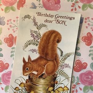 SELTENE Vintage 1970er Jahre 'Birthday Greetings Dear Son' Atemberaubende Eichhörnchen und Wald Design Karte - Sentimental Vers - Nature/Eichhörnchen Loving Son