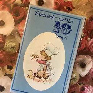RARE vintage/rétro vers les années 1980 « Spécialement pour vous 10 aujourd'hui ! Carte - Adorable motif « pâtisserie » garçon et chat - vers doux - une carte à chérir