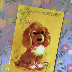 Cartão de aniversário vintage/retro muito raro, por volta de 1960, 'Just For You Grandson' - Design de cachorro fofo - Verso doce - Cartão de neto amoroso vintage