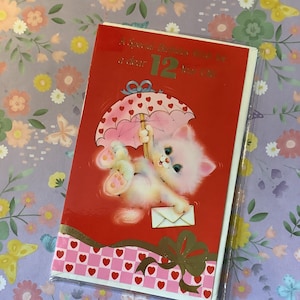 Cartão fofo, raro, vintage, sem uso, da década de 1980, "Um desejo especial de aniversário para uma querida criança de 12 anos", com design de gato e guarda-sol - Cartão para amantes de gatos