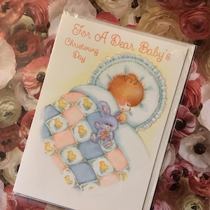 Vintage Circa 1990 'Per il giorno del battesimo di un caro bambino' Biglietto con ADORABILE Teddy Bear e Rabbit Design con un pizzico di brillantezza -Card To Keep