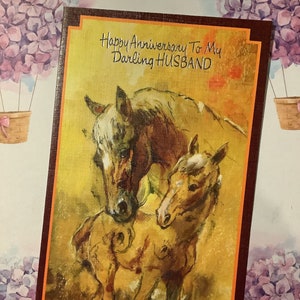 FABULOSO Original Vintage/Retro por volta de 1970 'Feliz aniversário para meu querido marido' Cartão de design de cavalo - Marido amante de cavalo - Verso doce