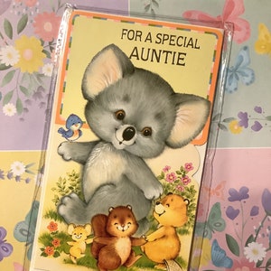 RARO biglietto d'auguri vintage degli anni '80 circa "Per una zia speciale" con un simpatico disegno di un orso koala - Versetto dolce - Biglietto d'auguri per zia amante dell'orso koala