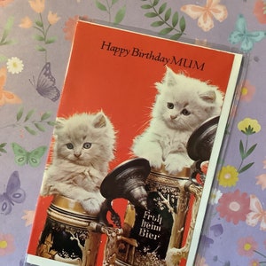 Cartão fotográfico RARO retrô/vintage por volta dos anos 1960 'Feliz aniversário, MÃE' - Foto deslumbrante de gatinho persa - Verso adorável - Cartão de aniversário para amantes de gatos/kitsch