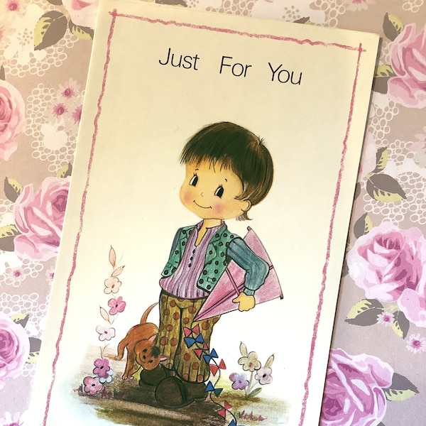 RARE Vintage Circa 1970s 'Just For You' Card - Cute Kitsch Big Eyed Boy Clutching a Kite and ADORABLE Cat Design - Nostalgic Birthday Card