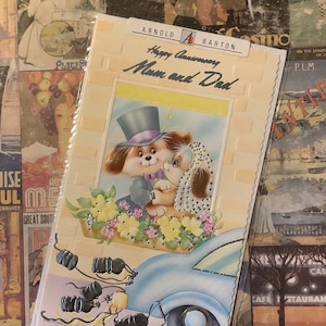 RARE Vintage/Retro Circa 1970s Anniversary Card per mamma e papà in cellophane originale con busta - Collezione - Cute Dog Design