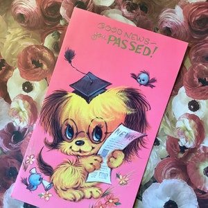 RARO Vintage/Retro Circa 1960s Sin usar 'Buenas noticias - Aprobaste' Cute Graduate Dog & Bluebirds Design Vintage/Retro/Nostalgia Dog Lover Tarjeta