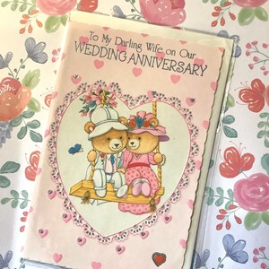 Zeldzame Vintage Circa jaren 1980 'To My Darling Wife on Our Wedding Anniversary' Card - Cute Teddy Bear Couple Design Nostalgie/Teddy Bear Lover Wife