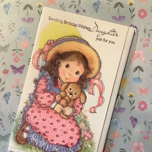 RARE vintage Circa 1980s 'Sending Birthday Wishes Daughter just for you' Card Cute 'Holly Hobbie' Style Girl and Dog Design - Sweet Verse