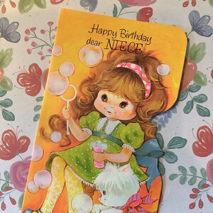 Cartão RARE Vintage/Retro Circa 1960 'Feliz Aniversário, querida Sobrinha' - Design super fofo de menina e gato - Kitsch/Nostalgia Loving Sobrinha - Doce Verso