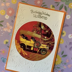 Raro e fabuloso vintage por volta de 1960 'aniversário deseja marido' cartão de foto de carro clássico retrô-doce, verso sentimental cartão de aniversário nostálgico