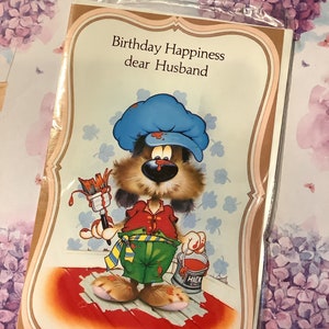 Carte « Bonheur d'anniversaire cher mari » RARE vintage/rétro vers les années 1970 - Design de chien « Décorateur » mignon - Rétro/Dog Loving Husband -