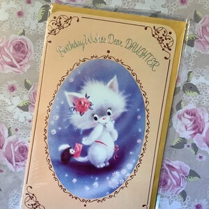 Cartão RARO Vintage/Retro Circa 1970 'Desejos de Aniversário Querida Filha' - Design Bonito de Gato e Ouriço - Verso Doce - Filha Amante Kitsch/Retro