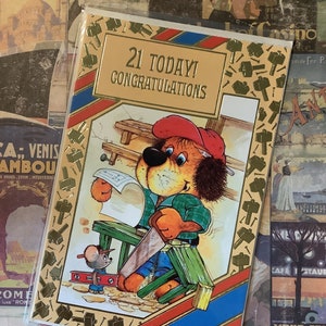 Vintage raro por volta de 1970 '21 hoje! Cartão de parabéns divertido, design retrô de cachorro 'carpinteiro/marceneiro' - verso doce - cartão divertido de carpinteiro